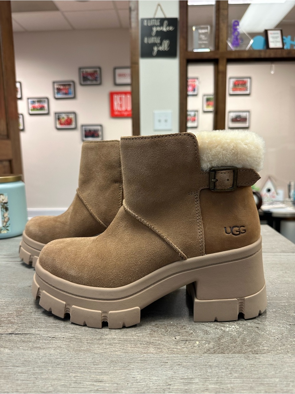 UGG Chestnut Suede Shearling-Cuff Platform Booties